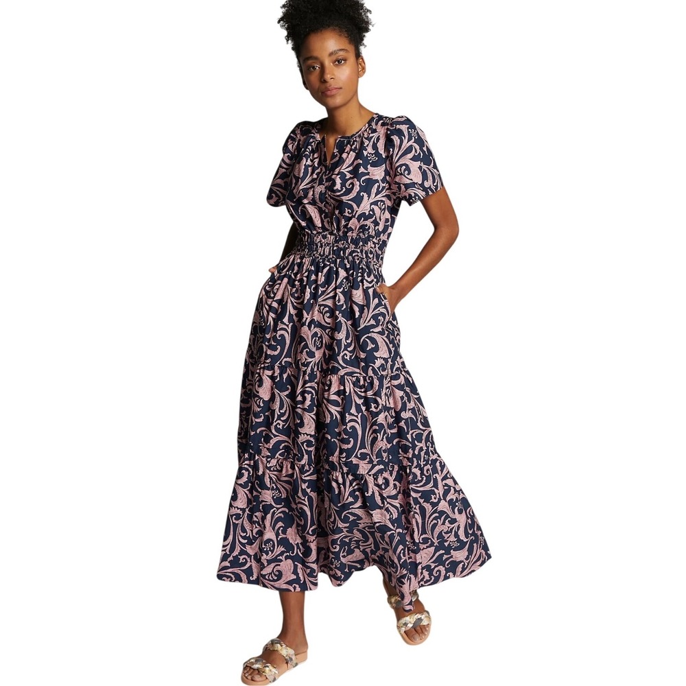 Anthropologie Somerset Maxi Dress Smocked Tiered Navy Pink Print Size S